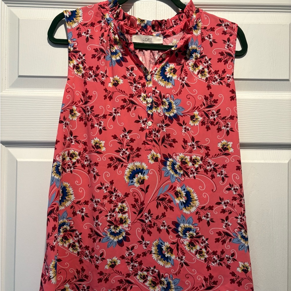 Loft pink floral flowy sleeveless blouse ruffle neck size M